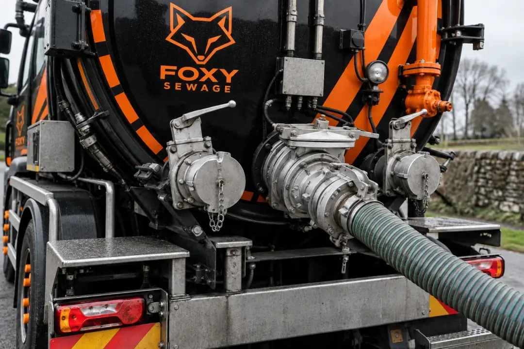 AI-generated illustrative scene: rear vacuum tanker pump and metal valves, tight equipment view; tanker styled after the customer-supplied vehicle