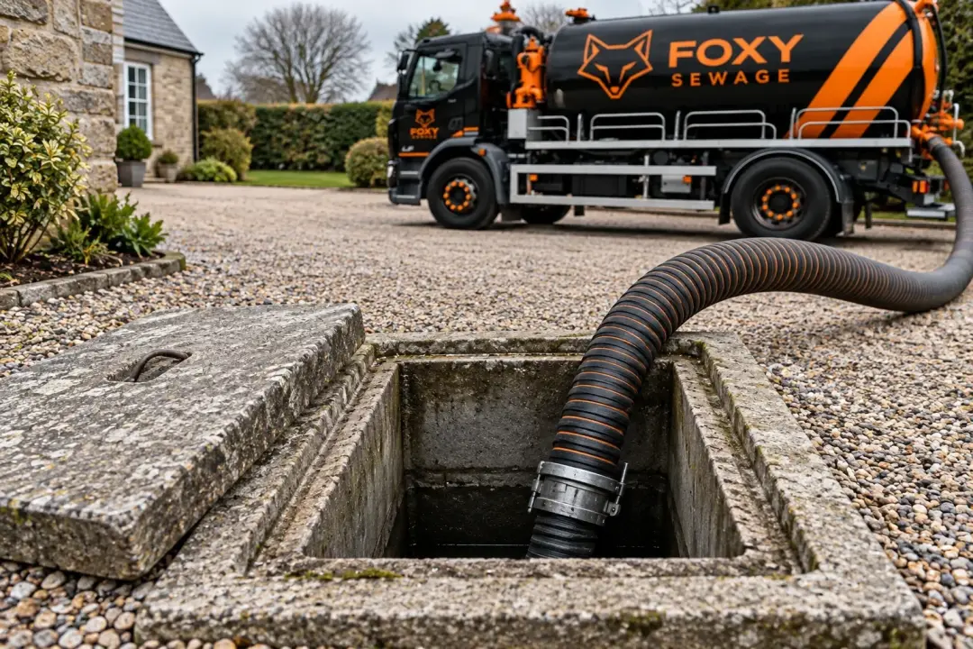 AI-generated illustration of septic tank emptying with a suction hose and customer-inspired tanker