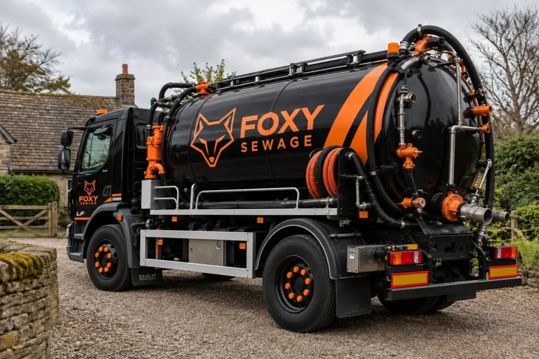 AI-generated illustrative scene: black-and-orange compact vacuum tanker alone on village driveway, wide vehicle view; tanker styled after the customer-supplied vehicle