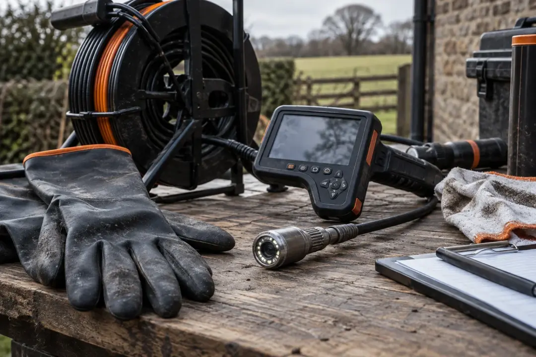 AI-generated illustrative scene: septic system inspection tools and rubber gloves laid on workbench, still life